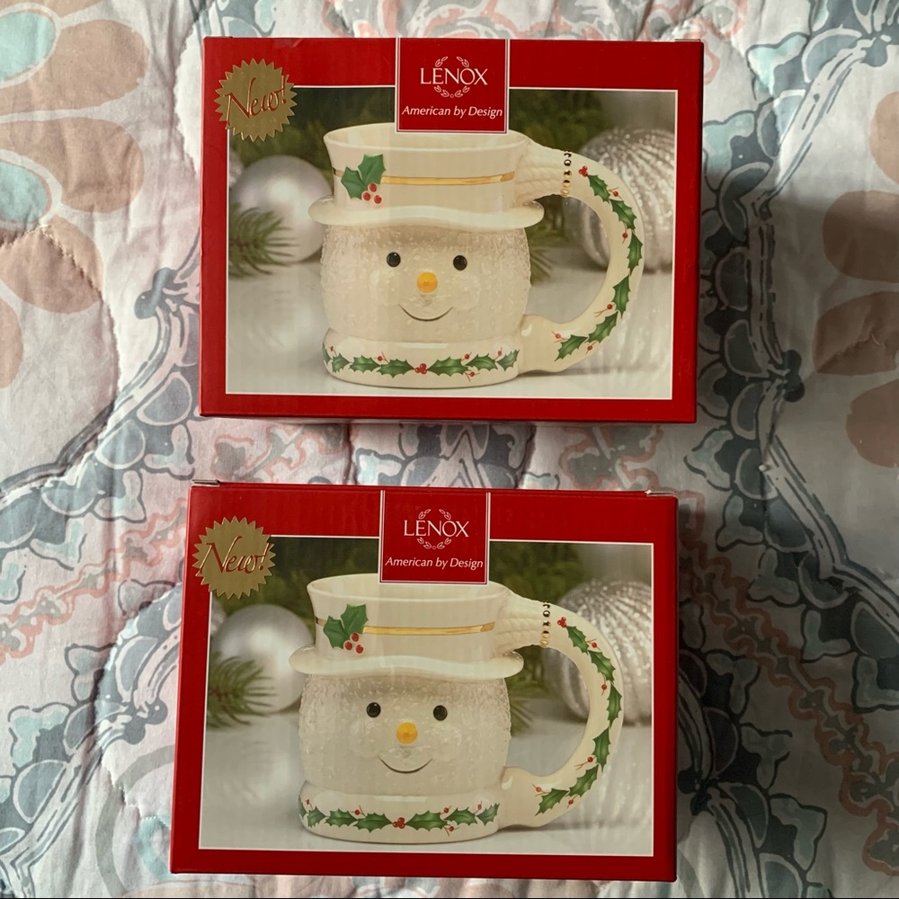 2 NIB Lenox Happy Holly Days Snowman Mugs